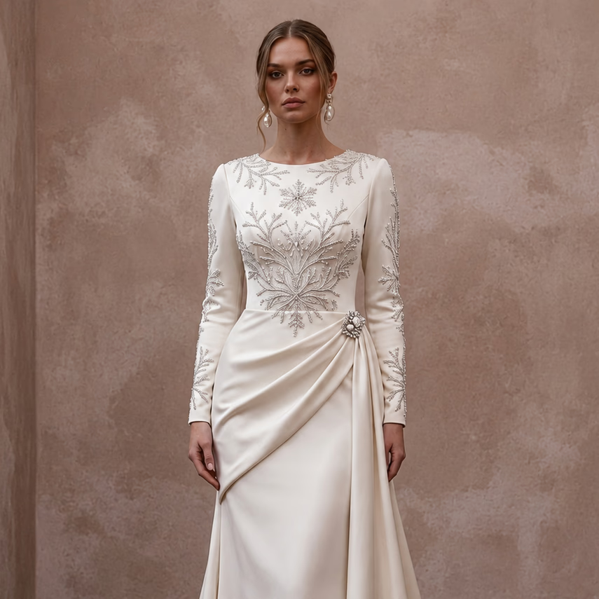 Long Sleeve Satin Bridal Gown for a Winter Reception