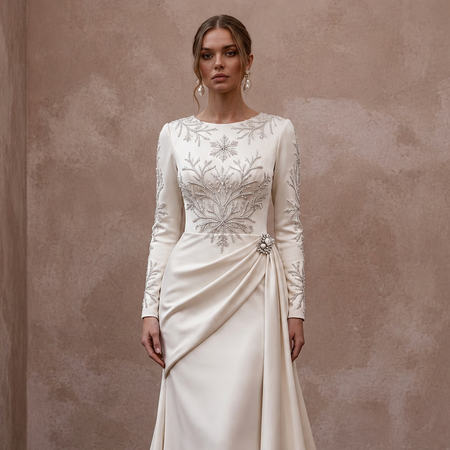 Long Sleeve Satin Bridal Gown for a Winter Reception