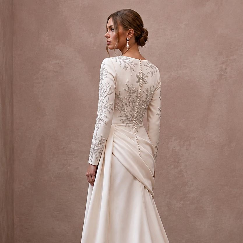 Long Sleeve Satin Bridal Gown for a Winter Reception