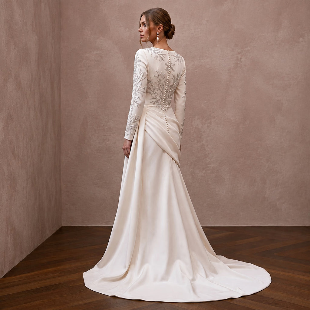 Long Sleeve Satin Bridal Gown for a Winter Reception