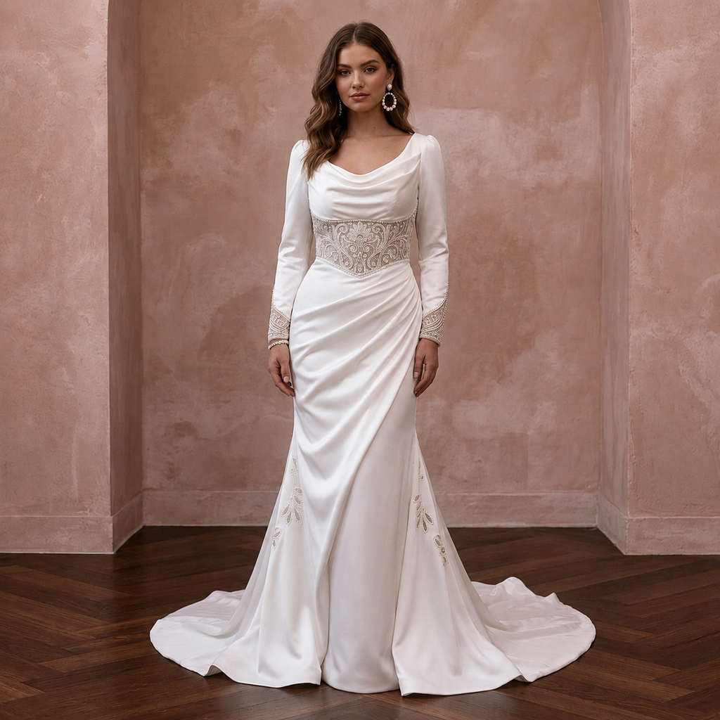 Long Sleeve Satin Trumpet Wedding Gown - Apparel & Accessories > Clothing > Wedding & Bridal Party Dresses > Wedding Dresses - Mignonette Bridal