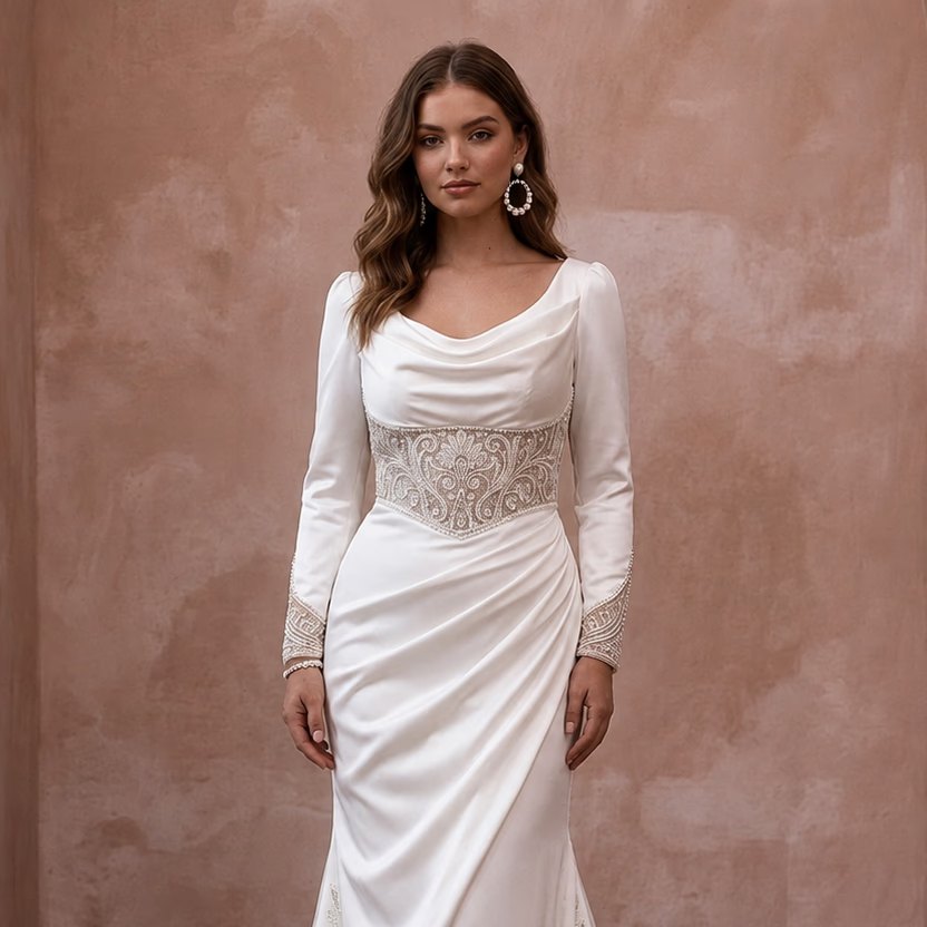 Long Sleeve Satin Trumpet Wedding Gown - Apparel & Accessories > Clothing > Wedding & Bridal Party Dresses > Wedding Dresses - Mignonette Bridal