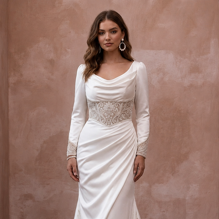 Long Sleeve Satin Trumpet Wedding Gown - Apparel & Accessories > Clothing > Wedding & Bridal Party Dresses > Wedding Dresses - Mignonette Bridal