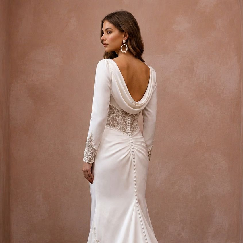 Long Sleeve Satin Trumpet Wedding Gown - Apparel & Accessories > Clothing > Wedding & Bridal Party Dresses > Wedding Dresses - Mignonette Bridal