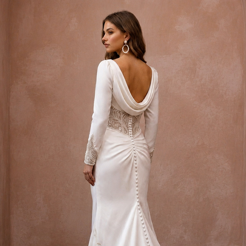 Long Sleeve Satin Trumpet Wedding Gown - Apparel & Accessories > Clothing > Wedding & Bridal Party Dresses > Wedding Dresses - Mignonette Bridal