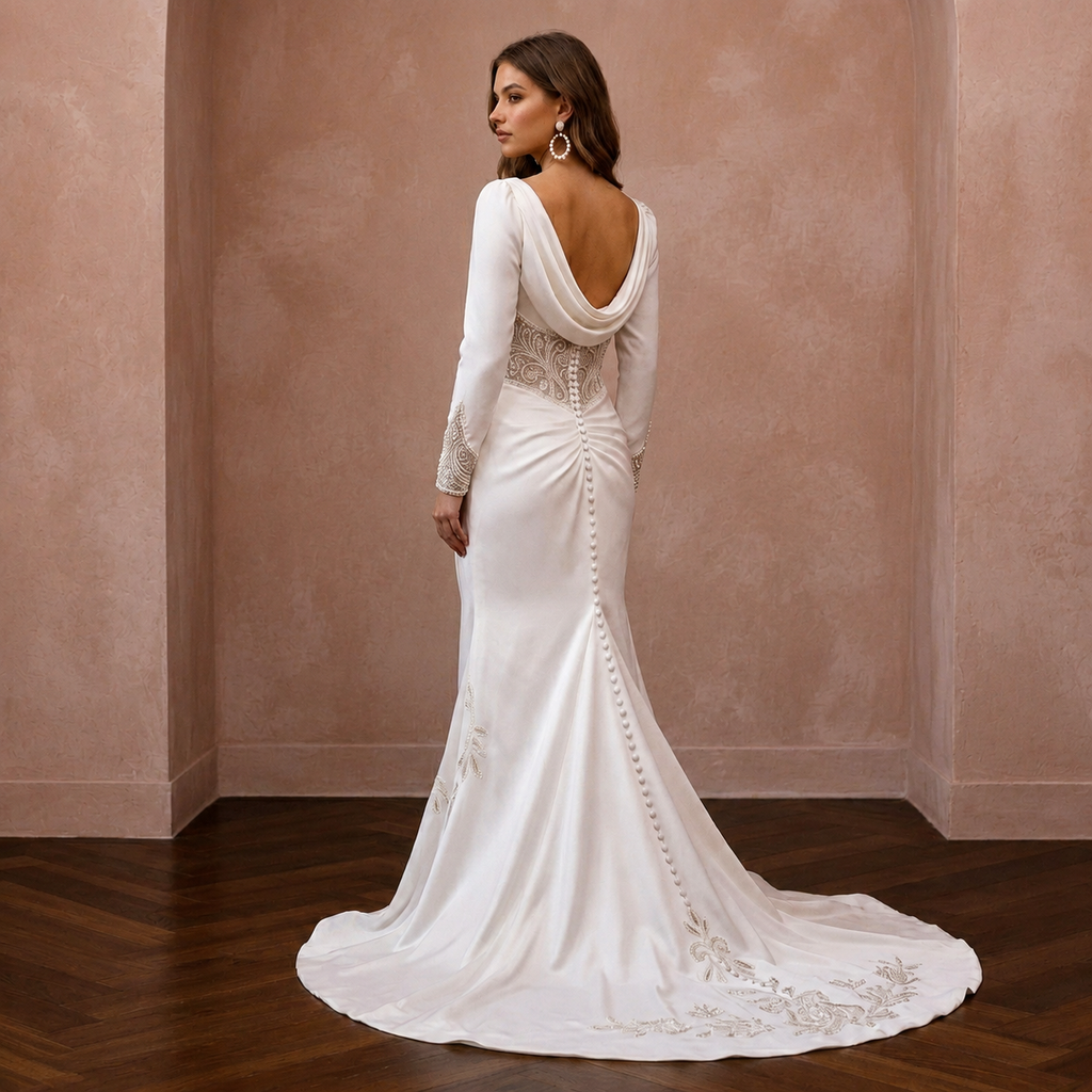 Long Sleeve Satin Trumpet Wedding Gown - Apparel & Accessories > Clothing > Wedding & Bridal Party Dresses > Wedding Dresses - Mignonette Bridal