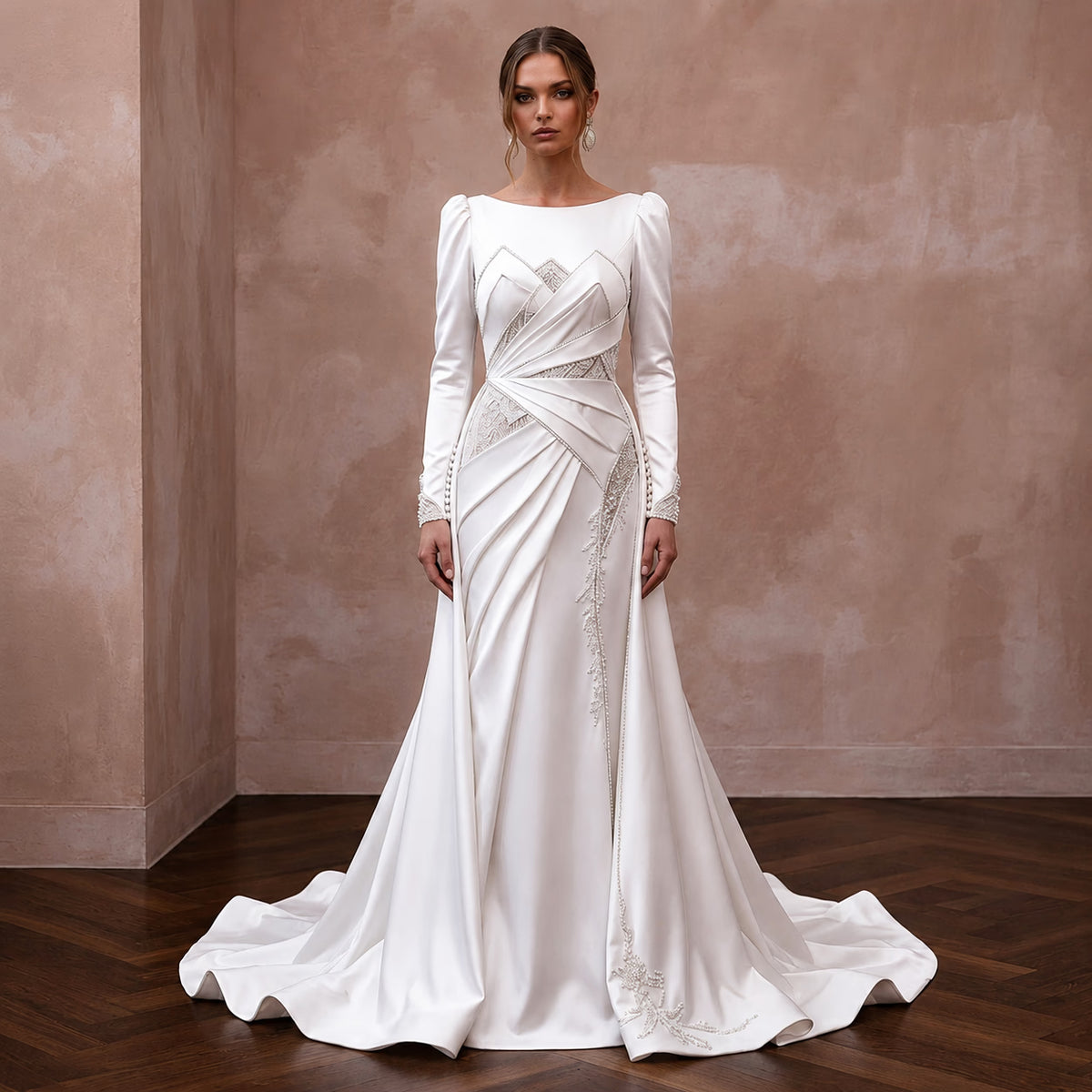 Long Sleeve Satin Wedding Dress for a Mountain Ceremony - Apparel & Accessories > Clothing > Wedding & Bridal Party Dresses > Wedding Dresses - Mignonette Bridal Main image