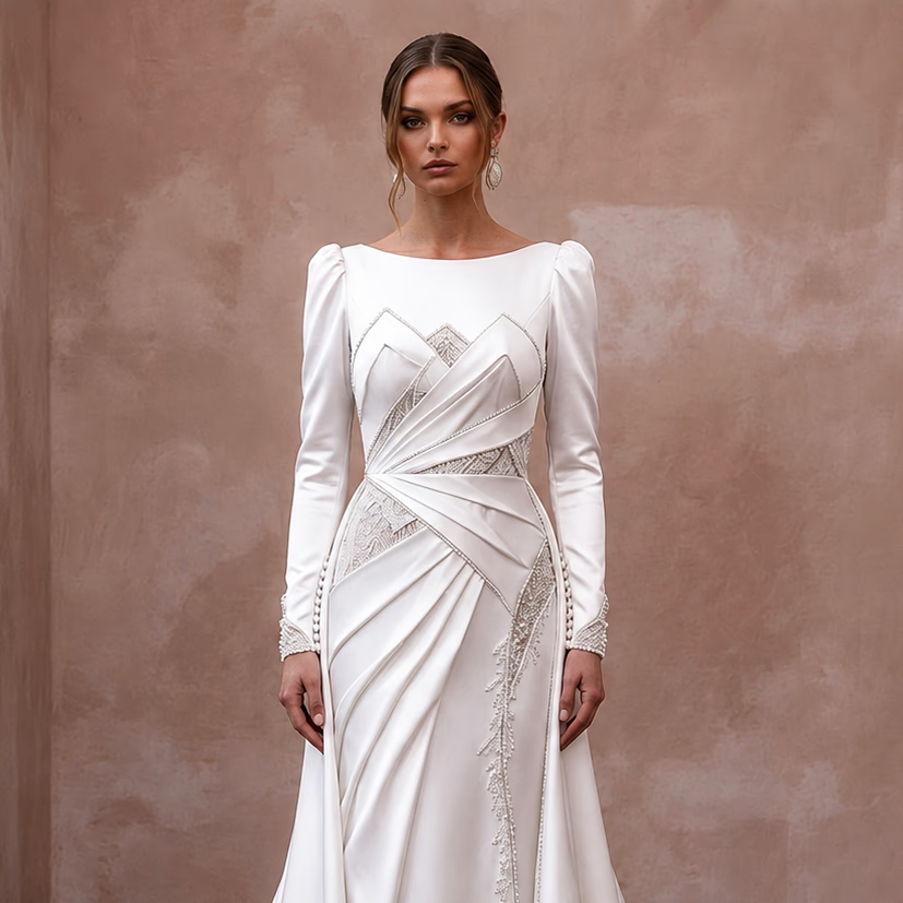 Long Sleeve Satin Wedding Dress for a Mountain Ceremony