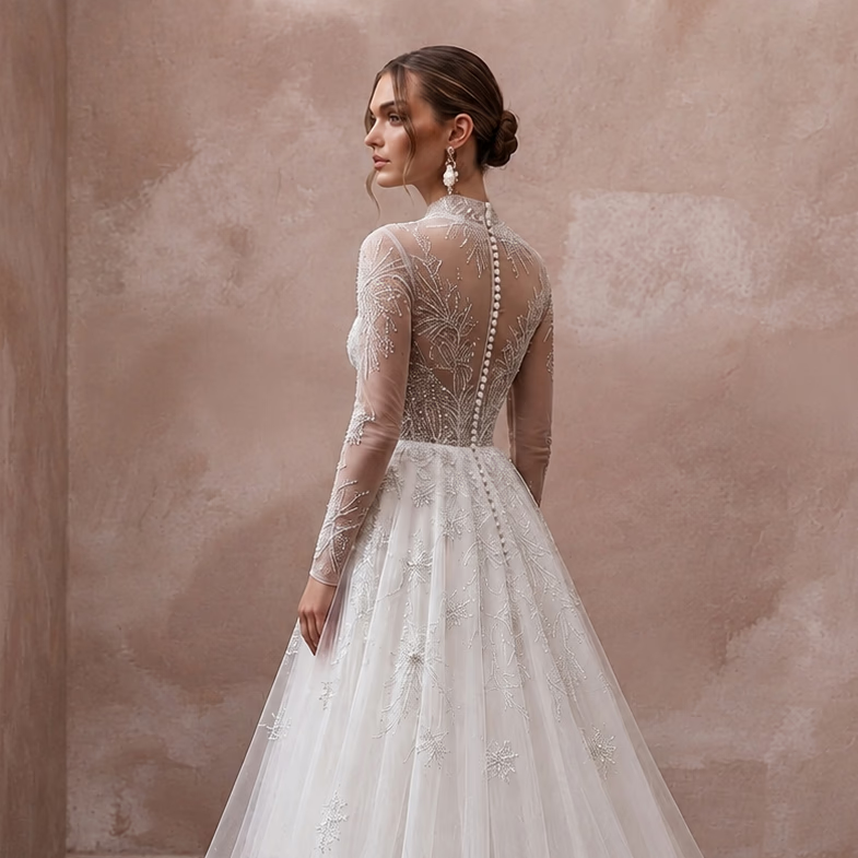 Long Sleeve Tulle Bridal Dress for a Snowy Wedding