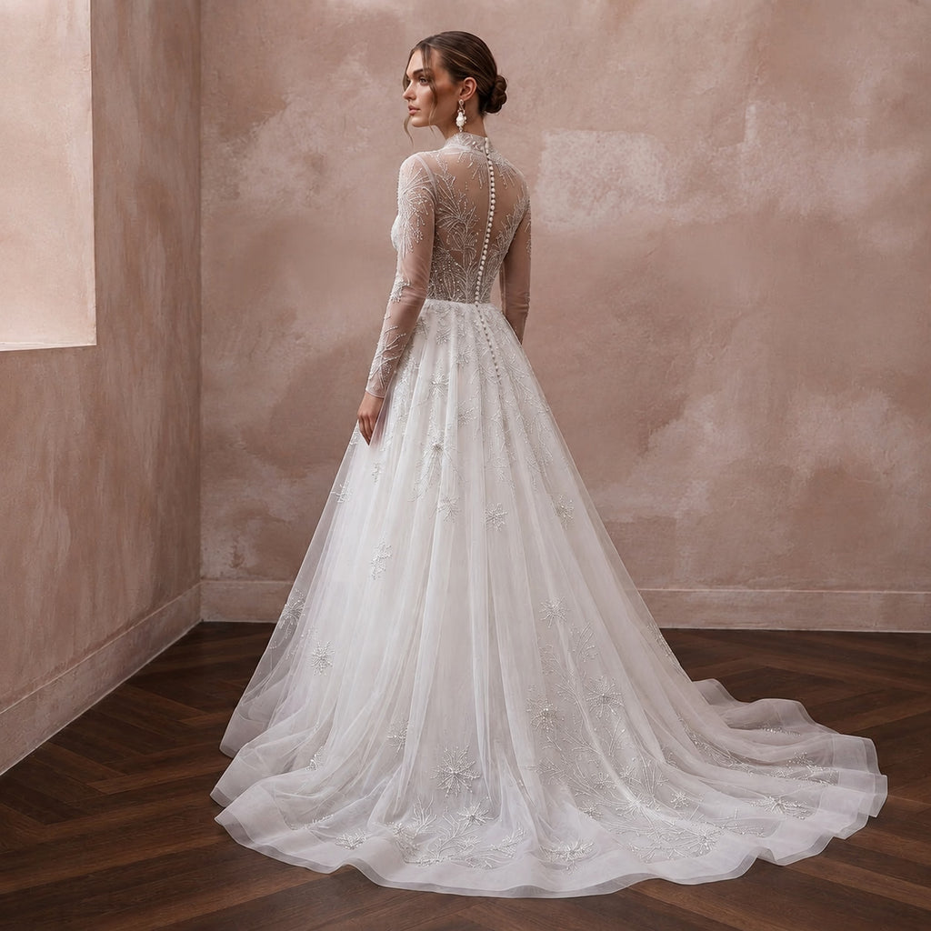 Long Sleeve Tulle Bridal Dress for a Snowy Wedding