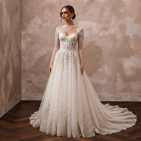 Long Sleeve Tulle Bridal Gown for a Black-Tie Wedding