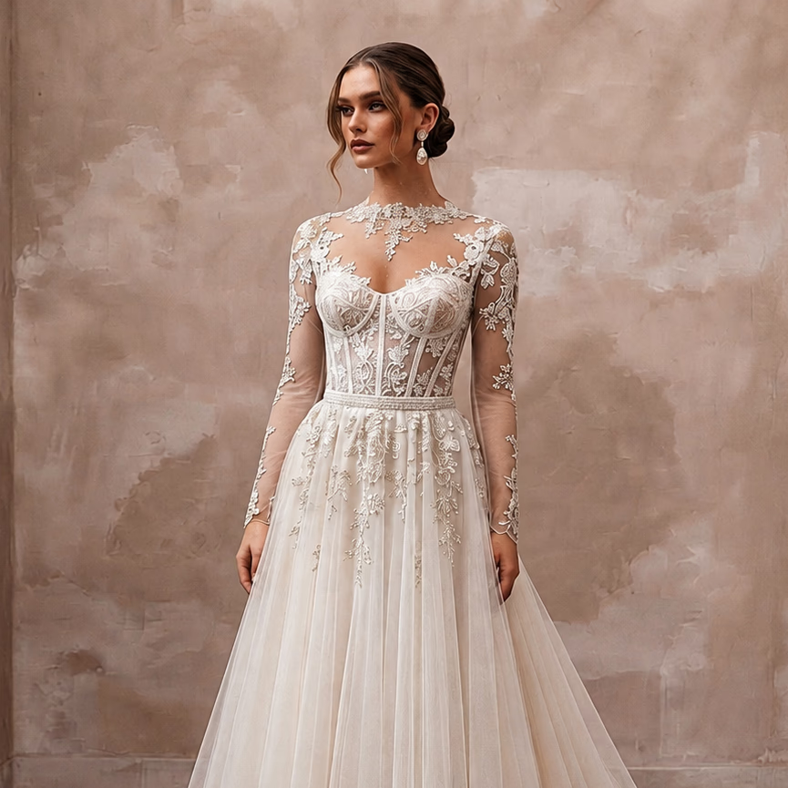 Long Sleeve Tulle Bridal Gown for a Black-Tie Wedding