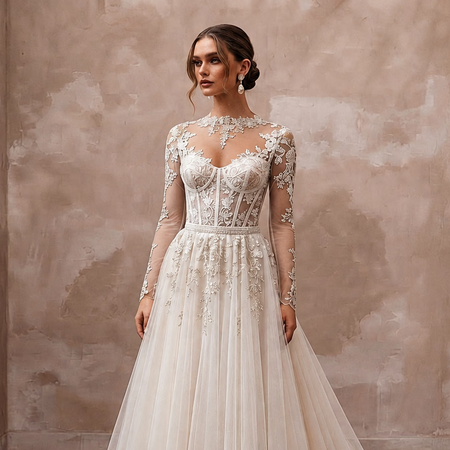 Long Sleeve Tulle Bridal Gown for a Black-Tie Wedding
