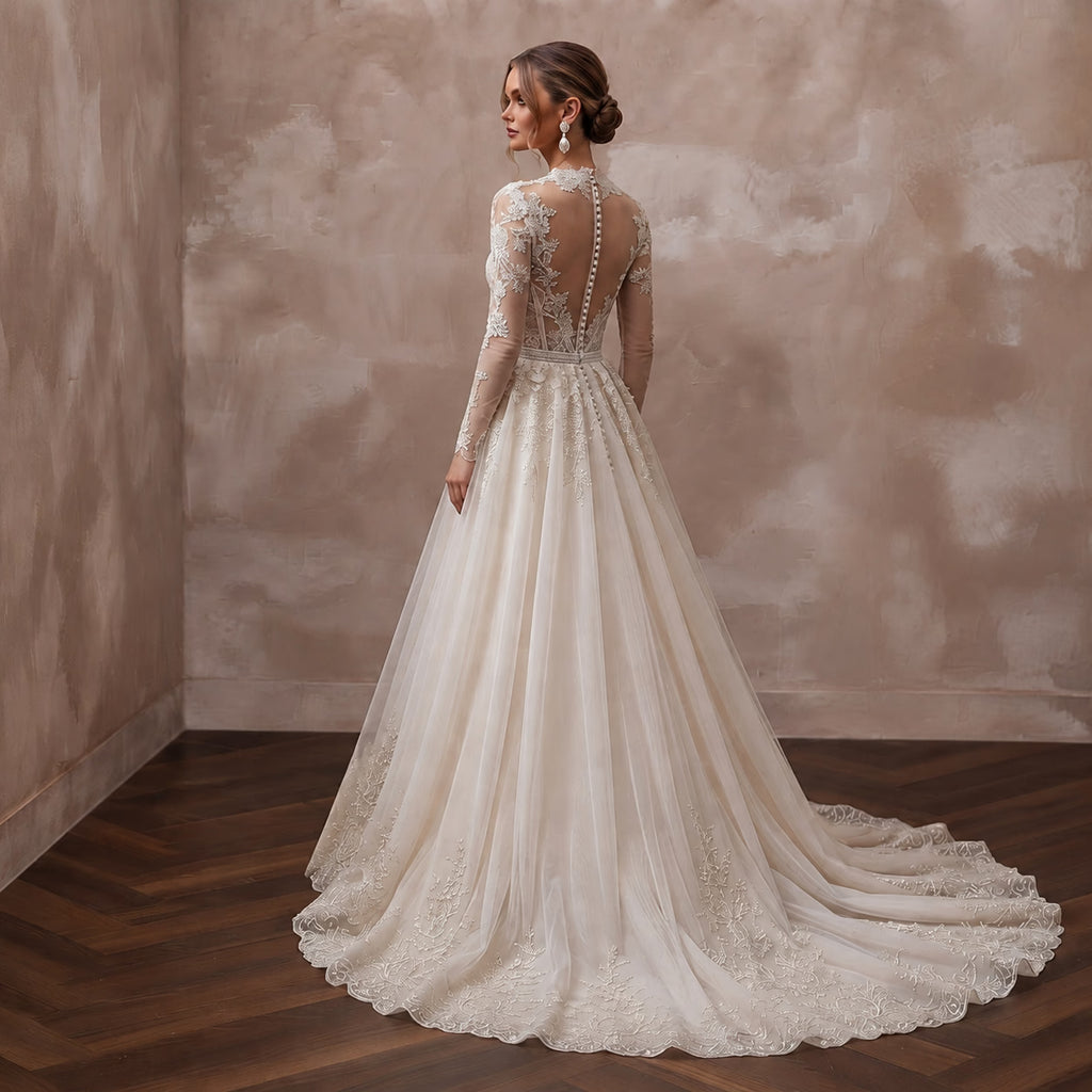 Long Sleeve Tulle Bridal Gown for a Black-Tie Wedding