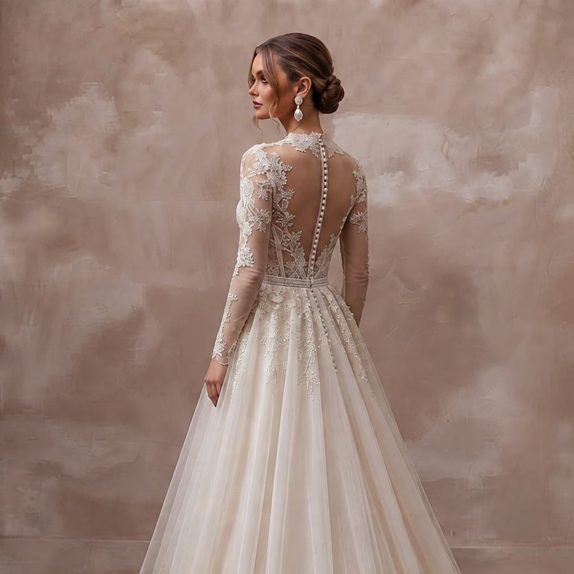 Long Sleeve Tulle Bridal Gown for a Black-Tie Wedding