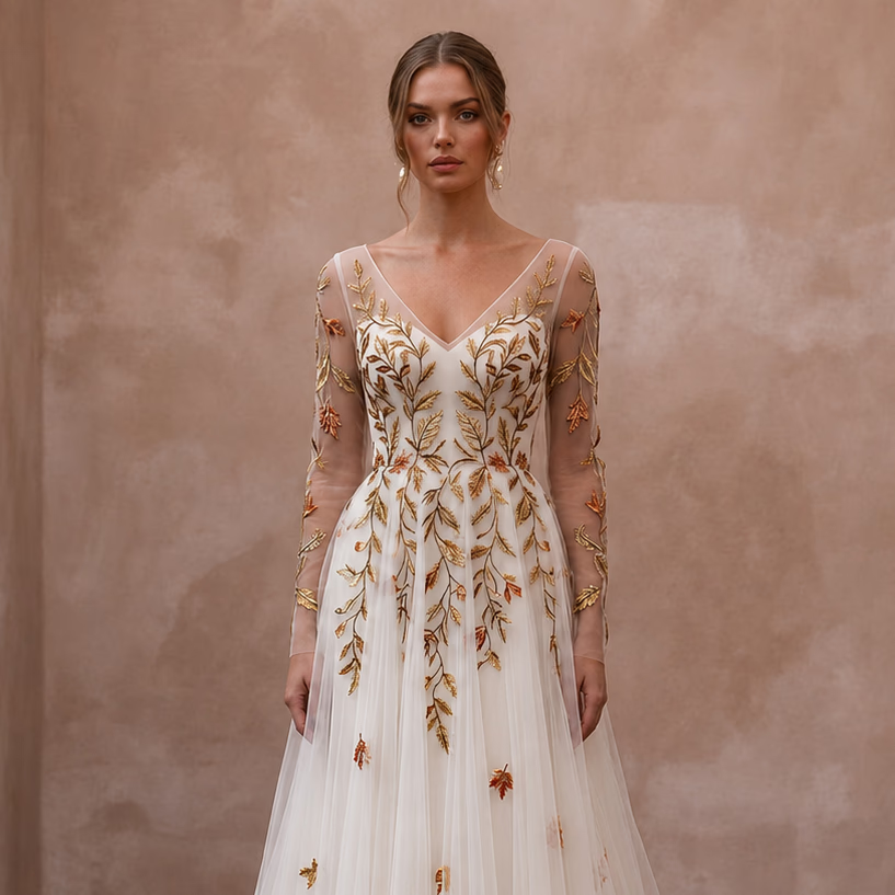 Long Sleeve Tulle Bridal Gown for a Fall Wedding