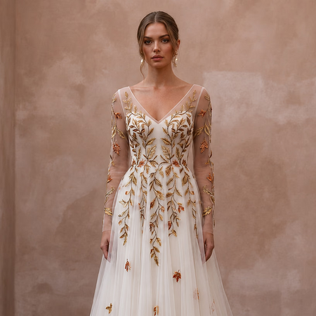 Long Sleeve Tulle Bridal Gown for a Fall Wedding