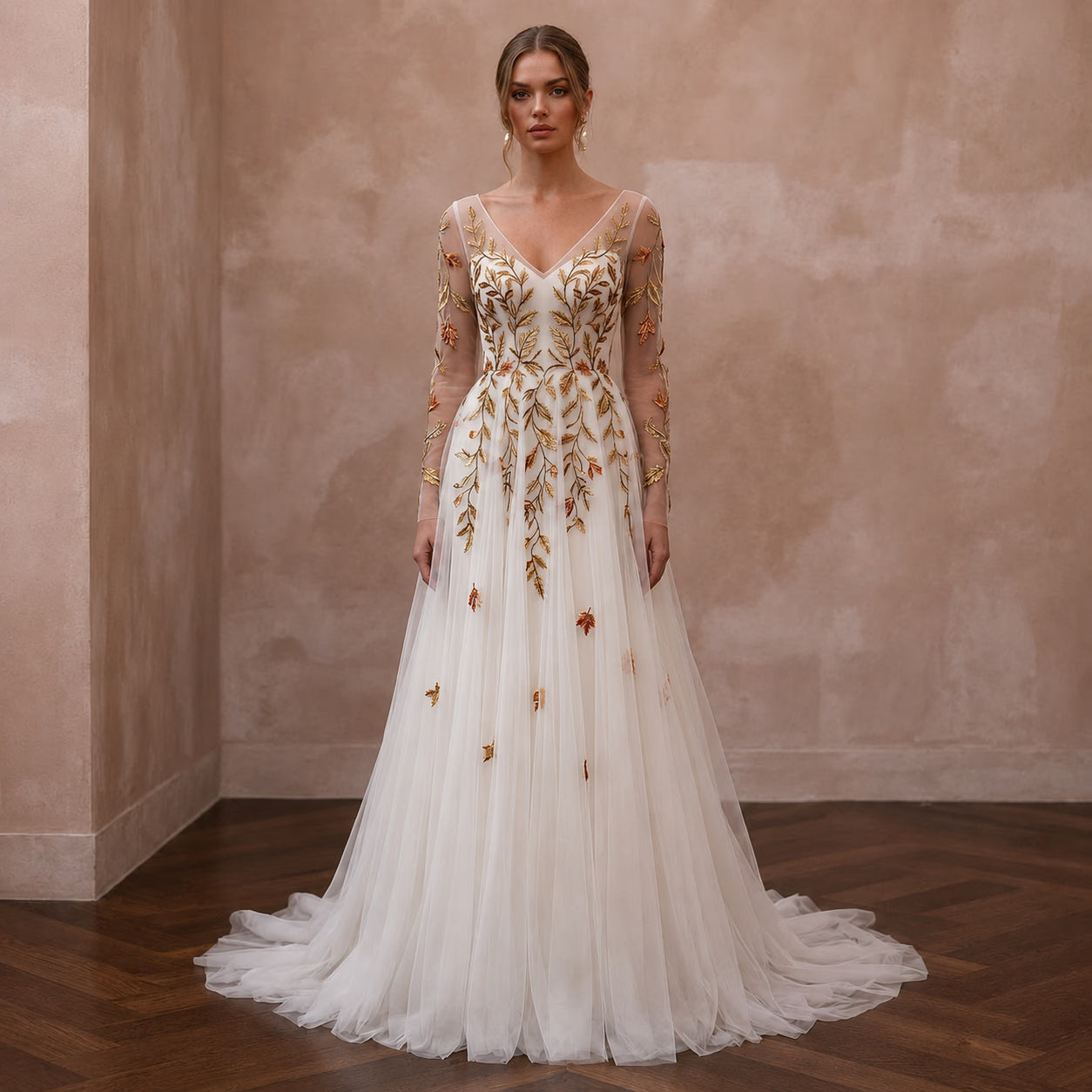 Long Sleeve Tulle Bridal Gown for a Fall Wedding Main image