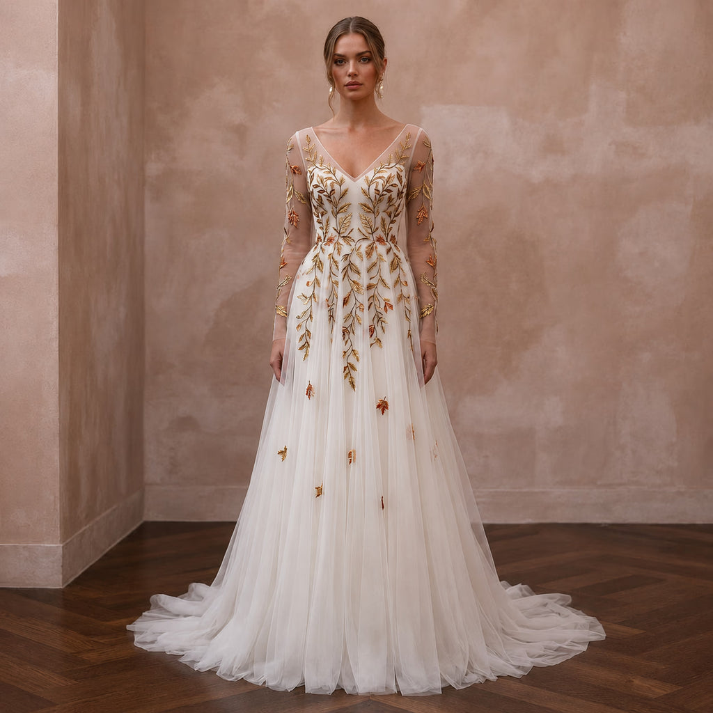 Long Sleeve Tulle Bridal Gown for a Fall Wedding