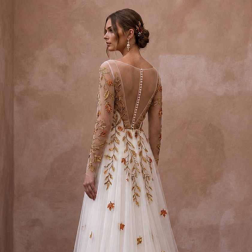 Long Sleeve Tulle Bridal Gown for a Fall Wedding