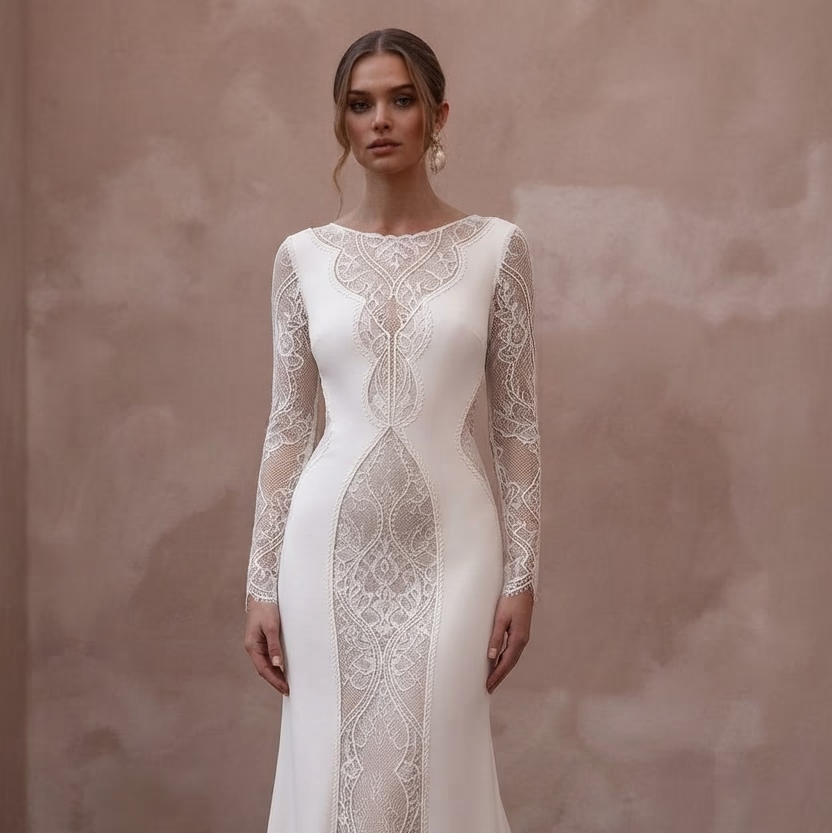 Long Sleeve Wedding Dresses with French Lace Details - Apparel & Accessories > Clothing > Wedding & Bridal Party Dresses > Wedding Dresses - Mignonette