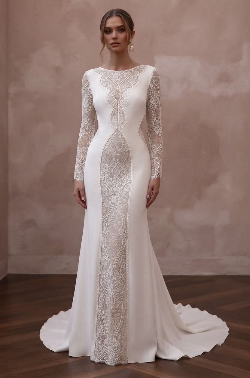 Long Sleeve Wedding Dresses with French Lace Details - Apparel & Accessories > Clothing > Wedding & Bridal Party Dresses > Wedding Dresses - Mignonette