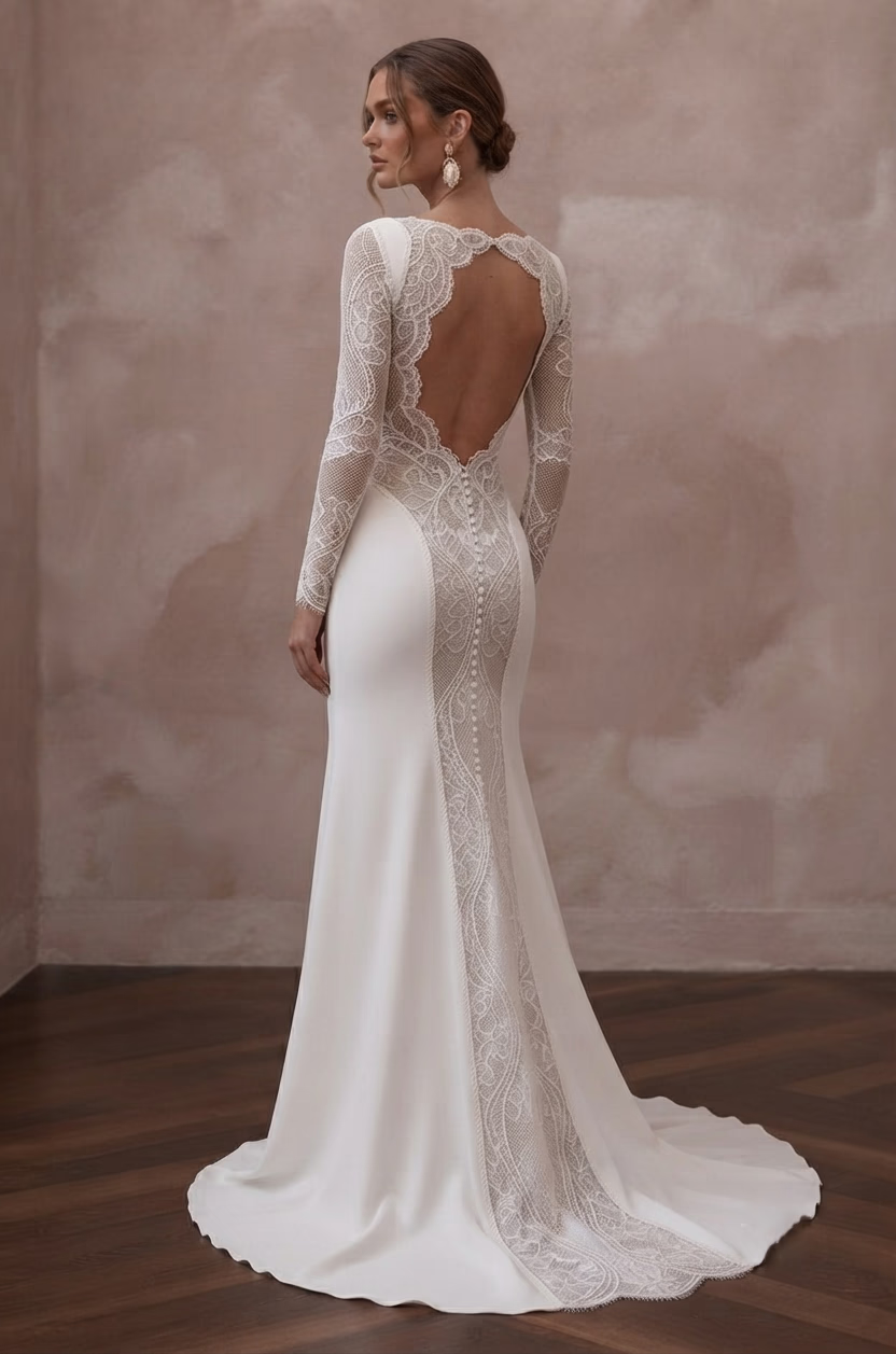 Long Sleeve Wedding Dresses with French Lace Details - Apparel & Accessories > Clothing > Wedding & Bridal Party Dresses > Wedding Dresses - Mignonette