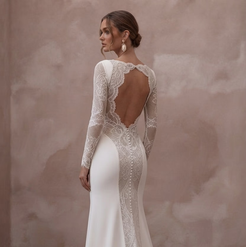 Long Sleeve Wedding Dresses with French Lace Details - Apparel & Accessories > Clothing > Wedding & Bridal Party Dresses > Wedding Dresses - Mignonette