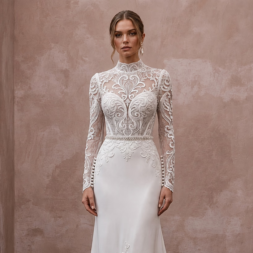 Long Sleeve Wedding Dresses with Pearl Button Cuffs - Apparel & Accessories > Clothing > Wedding & Bridal Party Dresses > Wedding Dresses - Mignonette Bridal