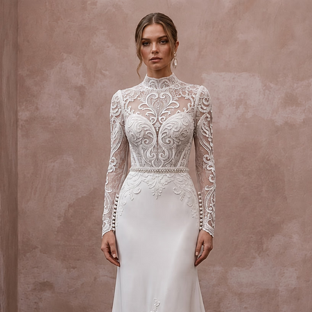 Long Sleeve Wedding Dresses with Pearl Button Cuffs - Apparel & Accessories > Clothing > Wedding & Bridal Party Dresses > Wedding Dresses - Mignonette Bridal