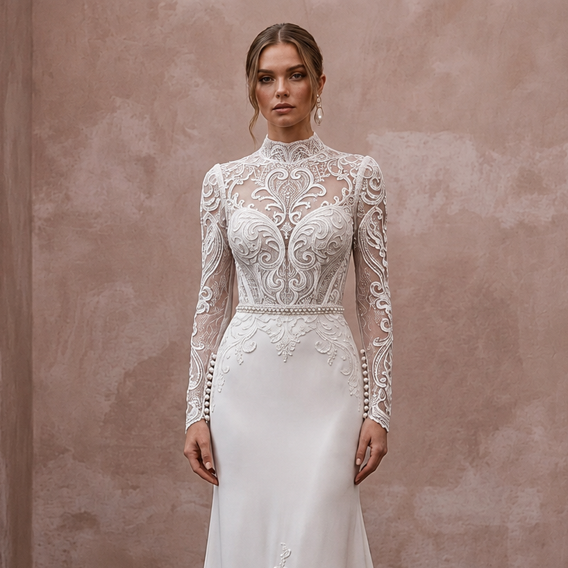Long Sleeve Wedding Dresses with Pearl Button Cuffs