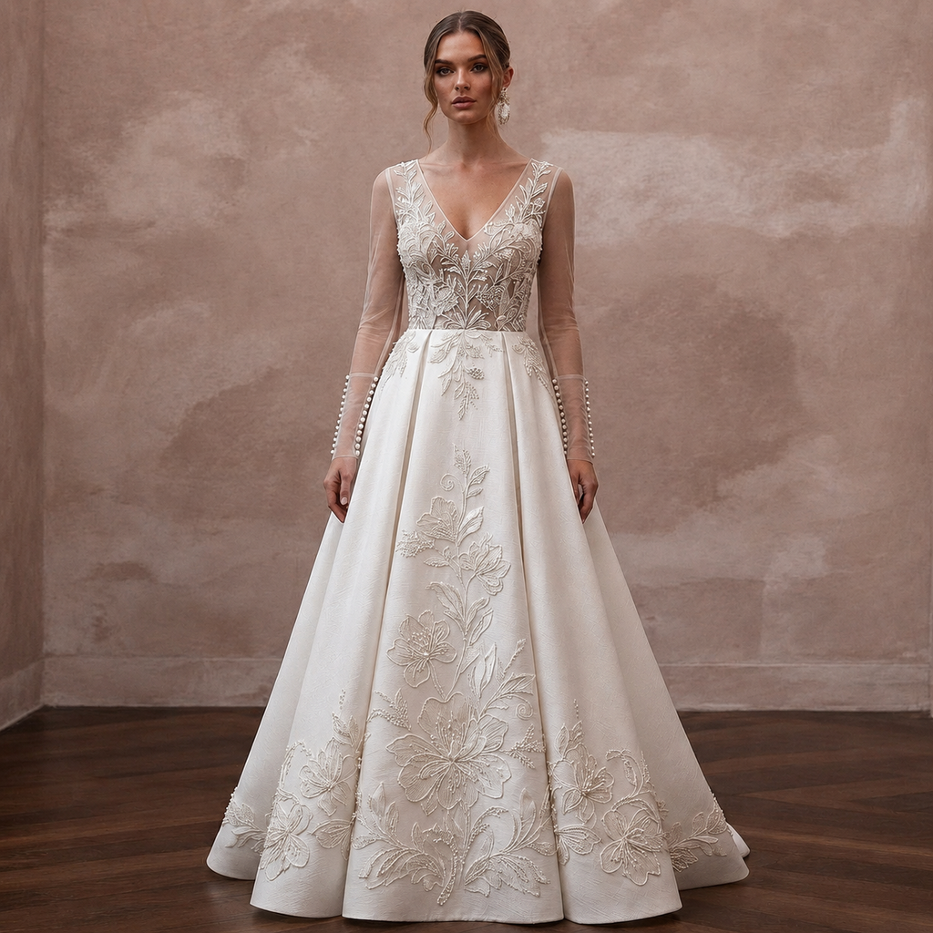Long Sleeve Wedding Dresses with Pearl Button Cuffs