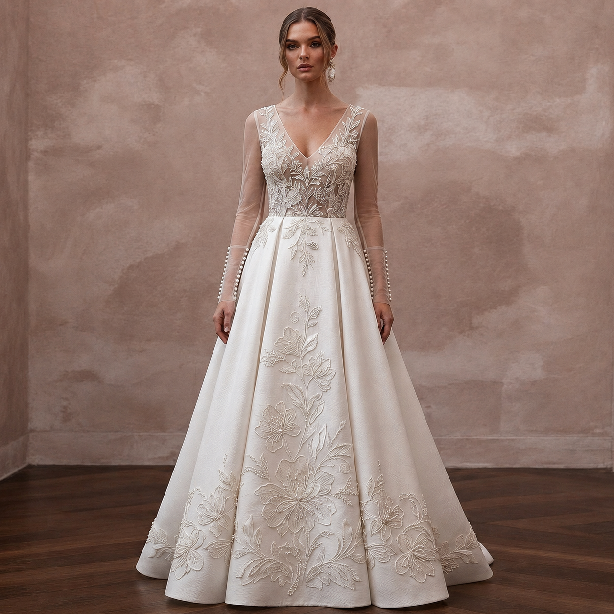 Long Sleeve Wedding Dresses with Pearl Button Cuffs