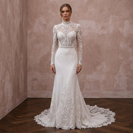 Long Sleeve Wedding Dresses with Pearl Button Cuffs - Apparel & Accessories > Clothing > Wedding & Bridal Party Dresses > Wedding Dresses - Mignonette Bridal