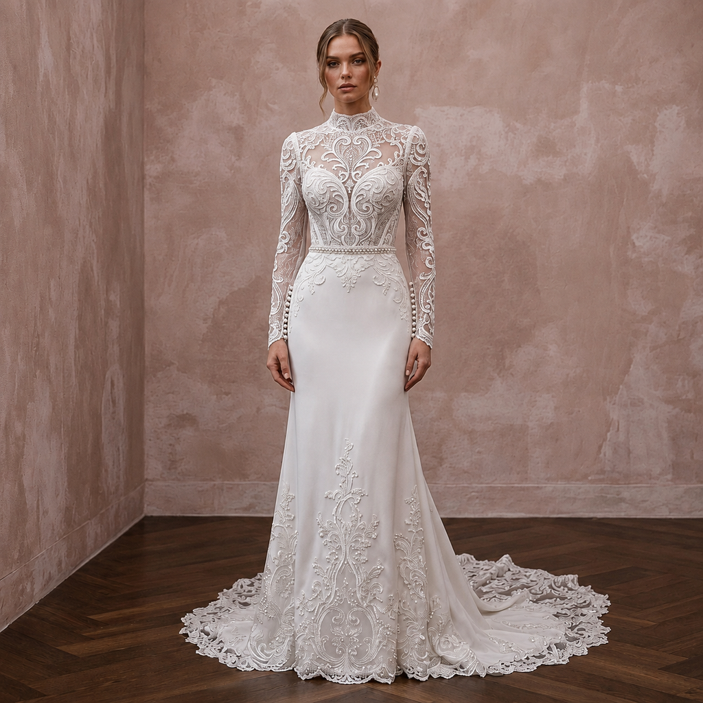 Long Sleeve Wedding Dresses with Pearl Button Cuffs