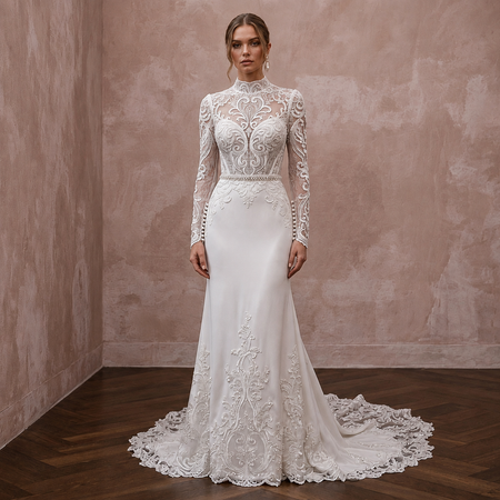 Long Sleeve Wedding Dresses with Pearl Button Cuffs