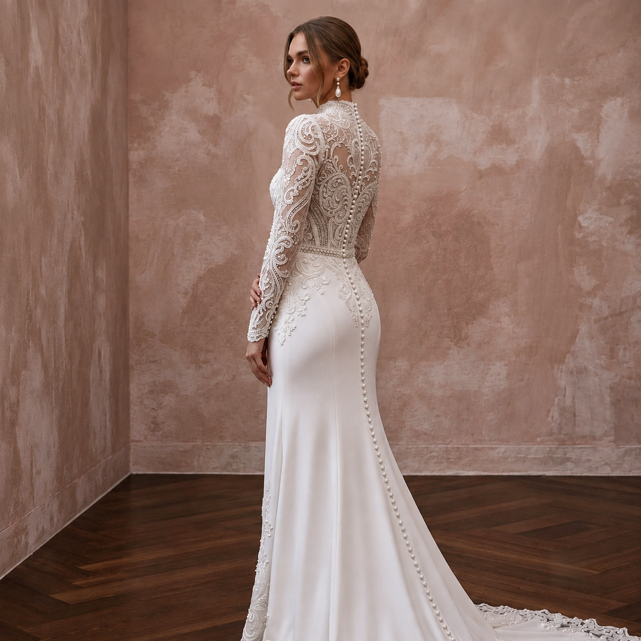 Long Sleeve Wedding Dresses with Pearl Button Cuffs Secondary image