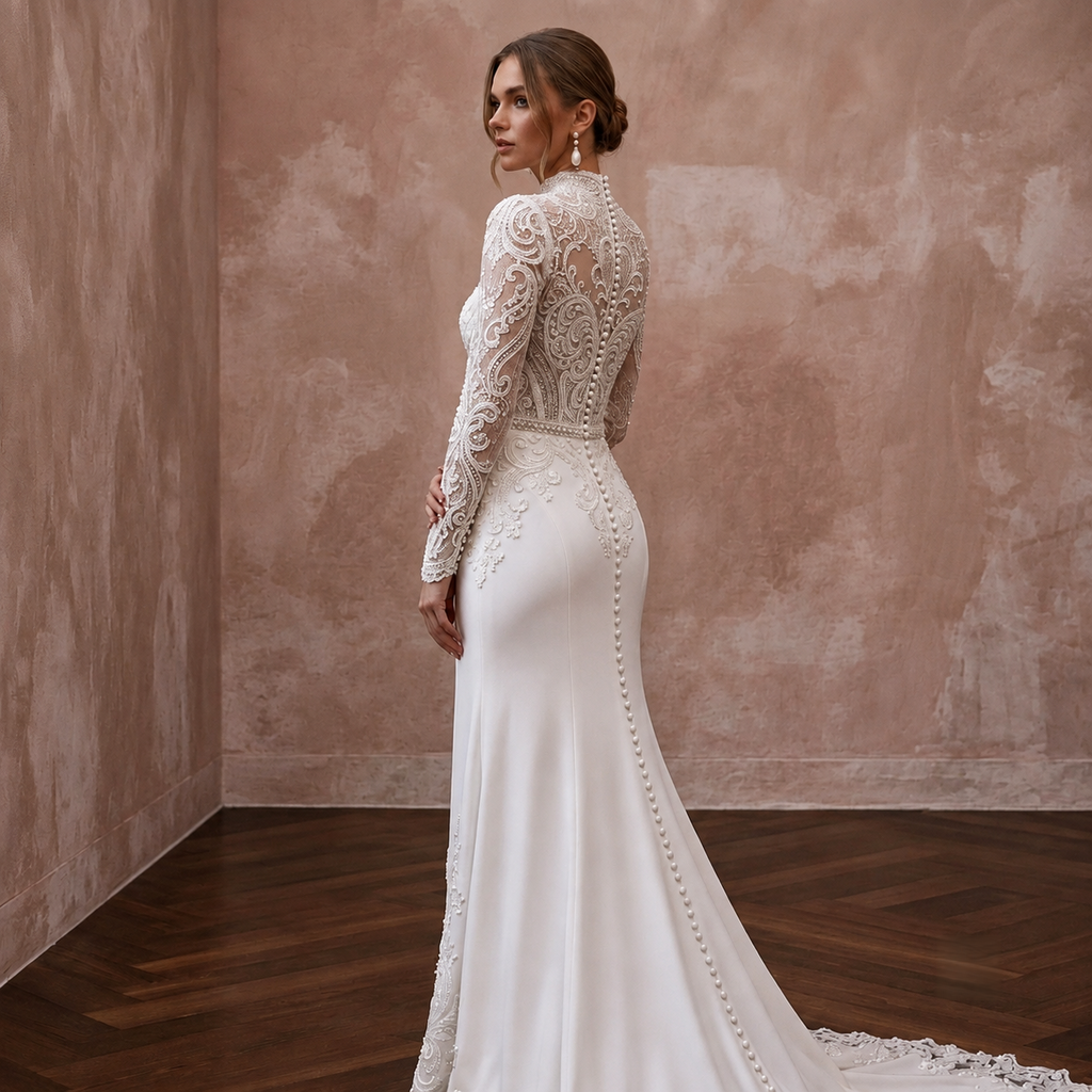 Long Sleeve Wedding Dresses with Pearl Button Cuffs