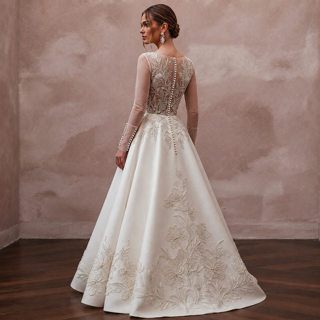 Long Sleeve Wedding Dresses with Pearl Button Cuffs