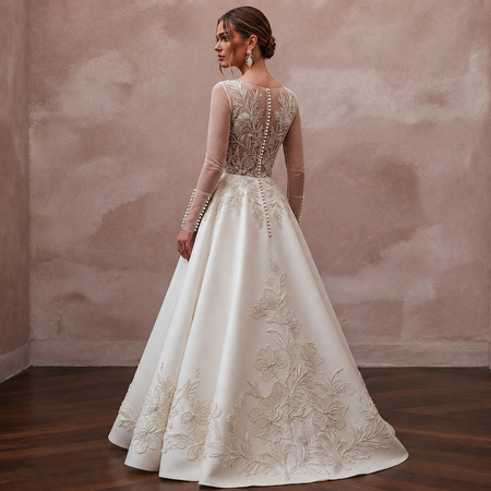 Long Sleeve Wedding Dresses with Pearl Button Cuffs