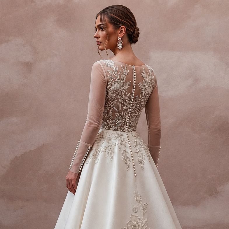 Long Sleeve Wedding Dresses with Pearl Button Cuffs