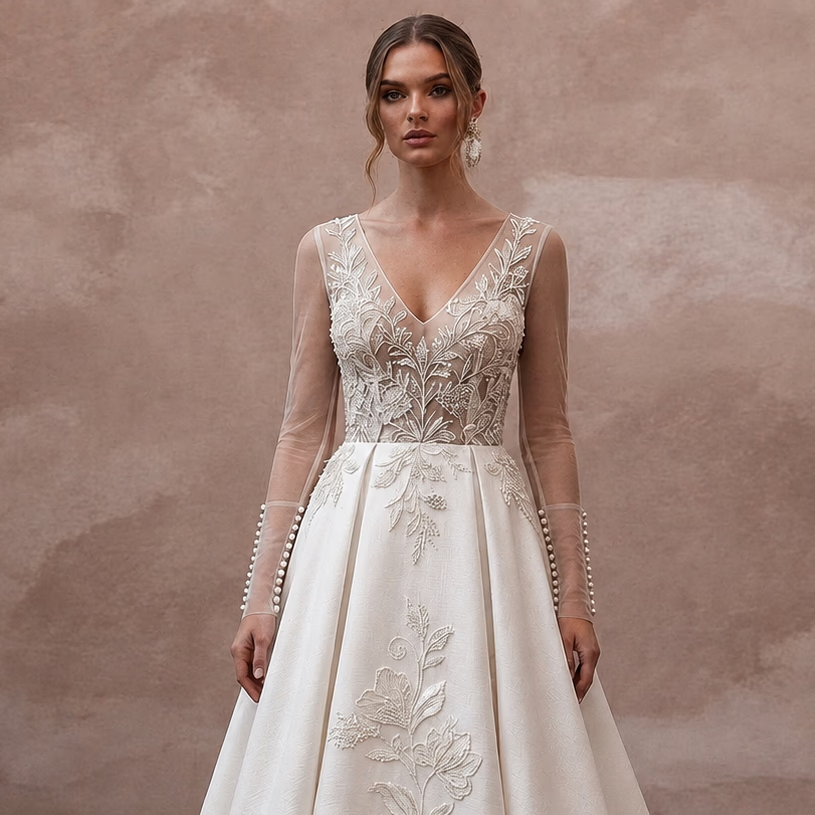 Long Sleeve Wedding Dresses with Pearl Button Cuffs - Apparel & Accessories > Clothing > Wedding & Bridal Party Dresses > Wedding Dresses - Mignonette Bridal