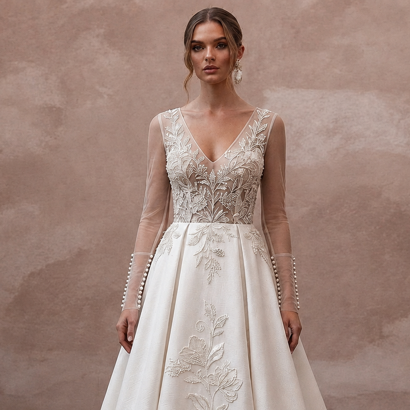 Long Sleeve Wedding Dresses with Pearl Button Cuffs