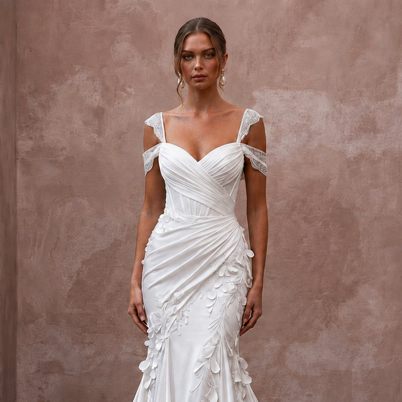 Luminous White Silk Charmeuse Mermaid Wedding Dress for Engagement Shoot