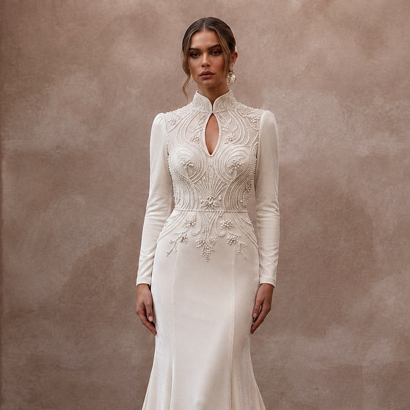 Luxurious Ivory Velvet Mermaid Dress for Winter Rehearsal Dinner