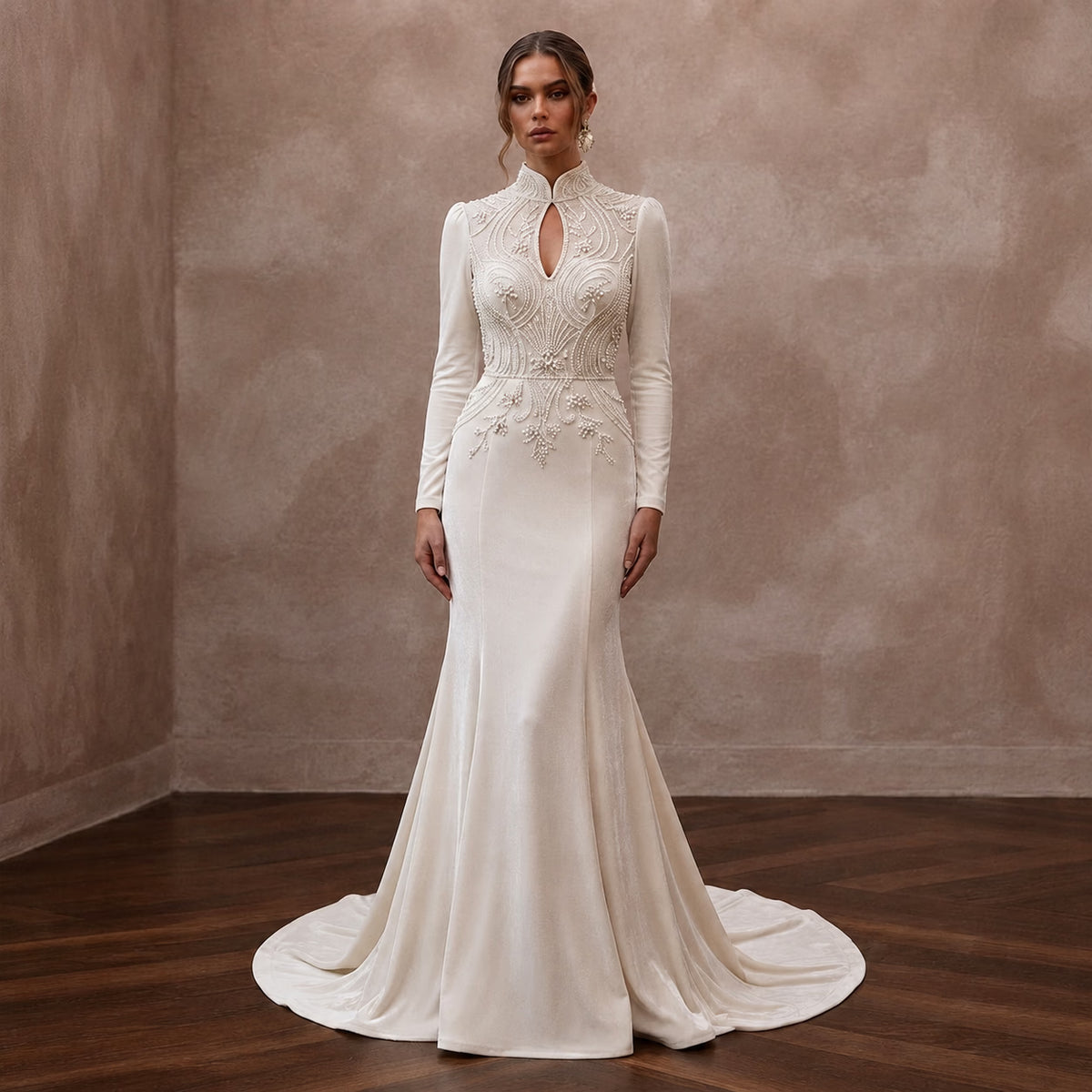Luxurious Ivory Velvet Mermaid Dress for Winter Rehearsal Dinner - Apparel & Accessories > Clothing > Wedding & Bridal Party Dresses > Wedding Dresses - Mignonette Bridal Main image