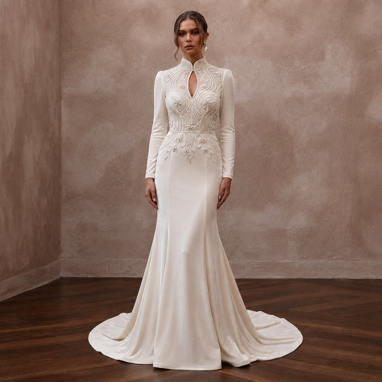 Luxurious Ivory Velvet Mermaid Dress for Winter Rehearsal Dinner Main image