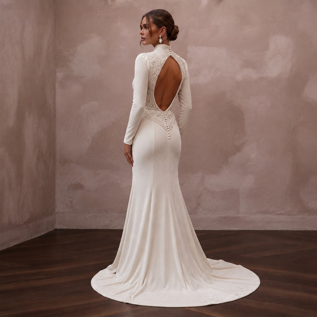 Luxurious Ivory Velvet Mermaid Dress for Winter Rehearsal Dinner - Apparel & Accessories > Clothing > Wedding & Bridal Party Dresses > Wedding Dresses - Mignonette Bridal