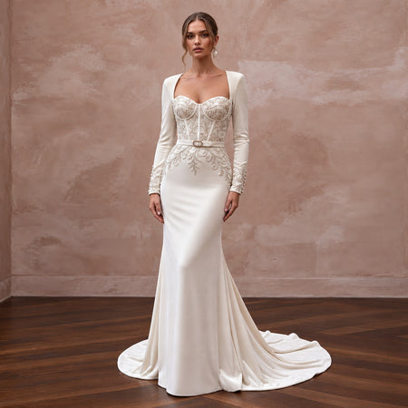 Luxurious Ivory Velvet Mermaid Wedding Dress for Winter Rehearsal Dinner