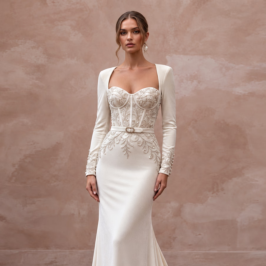 Luxurious Ivory Velvet Mermaid Wedding Dress for Winter Rehearsal Dinner